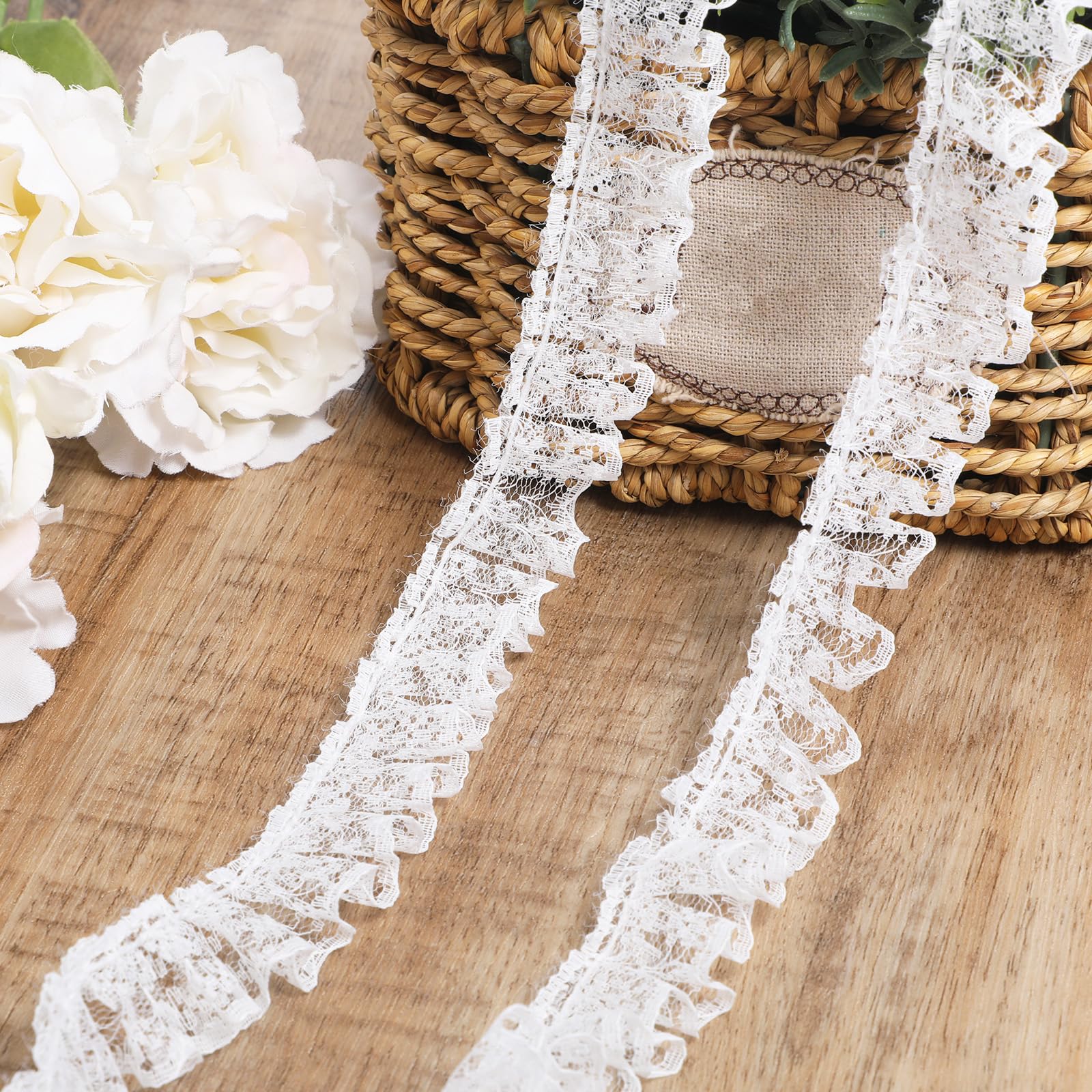 Photo 1 of 11 Yards White Lace Ruffle Trim, Ruffle Lace Pleated Trim, Embroidered Sewing Laces Trims, Pleated Satin Laces Edge Trims, Fabric Ribbon for Sewing Craft, Wedding, DIY Decoration