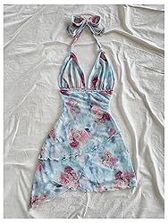 BEAUDRM Women's Floral Print Sleeveless Halter Deep