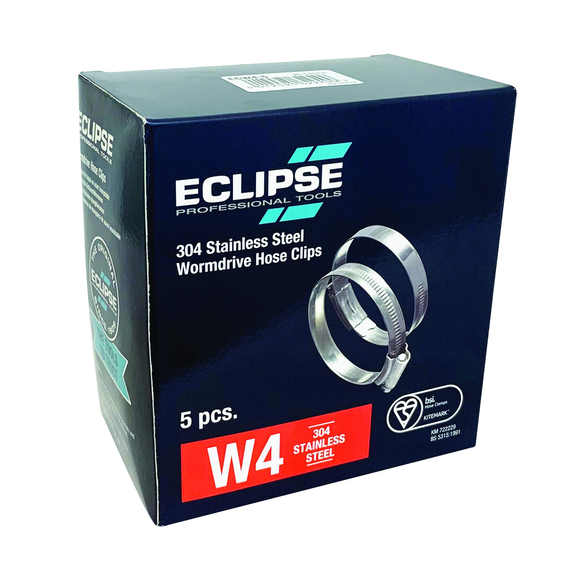 Eclipse Professional Tools ECW4-5 W4 Box of 5 90-120mm (3 ½" - 4 ¾") 304 Stainless Steel Worm Gear Hose Clamps