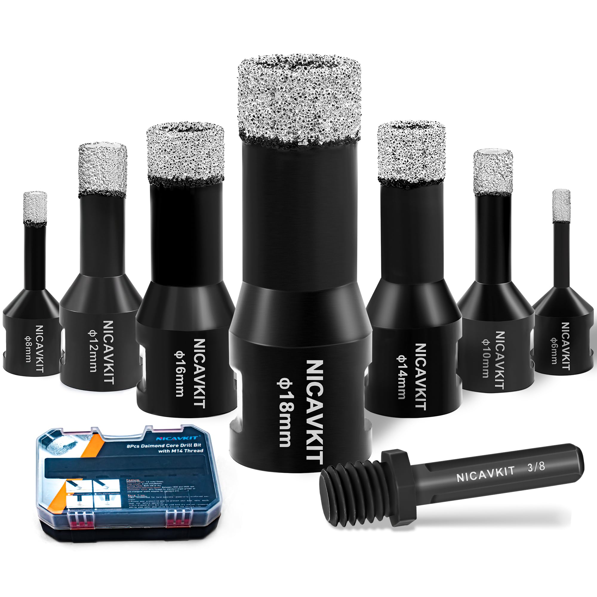 NICAVKIT 8-Piece Diamond Tile Drill Bit Set with Adapter, M14 Diamond Hole Saw Drill Bit Kit 6/8/10/12/14/16/18 mm Diamond Drill Bit Set for Porcelain Tile Granite Marble Tile Drilling — image 1
