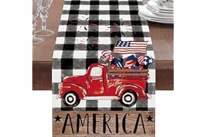 OOKSEN OOSKEN Table Runners, 4th of July Table Runner, Plaid Patriotic Table Runner with Red Truck, American Flag Dresser Runner for Home Party Decoration, Independence Memorial Day Decor, 13x72 Inch