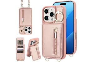 Jcxtrombulous Crossbody Wallet Case for iPhone 16 Pro Max with Lanyard Strap Card Slot Holder RFID Blocking 360°Ring Kickstand,Magnetic Flip Folio Zipper Purse Case, PU Leather Cover Handbag,Rose Gold
