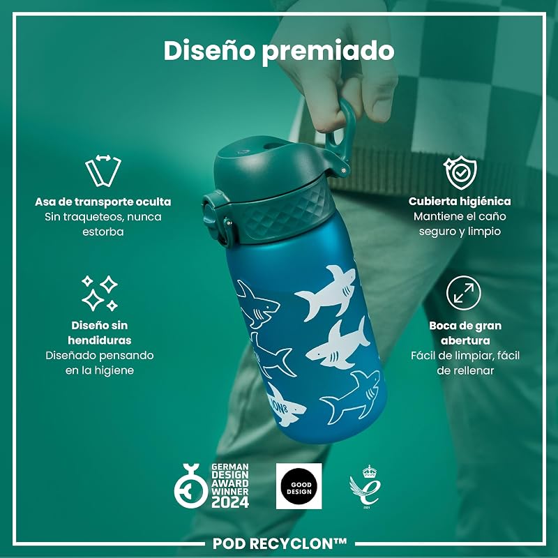 Botella de Agua para Niños, 350ml, a Prueba de Fugas, Fácil de Abrir, Cerradura Segura, Apta para Lavavajillas, Sin BPA, Asa de Transporte, Fácil de Limpiar, Tiburón