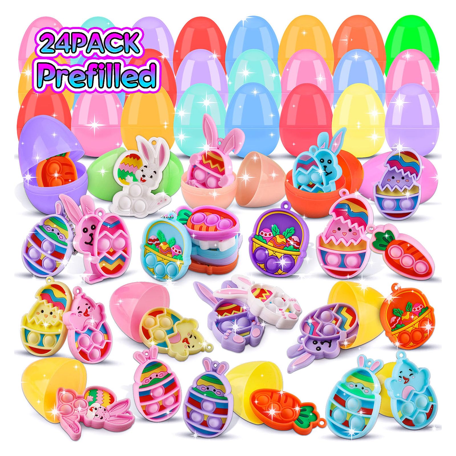 KissFree 24PACK Prefilled Easter Eggs with Easter Pop Toys, 2.75inch Easter Eggs Filled with Toys, Easter Basket Stuffers for Kids