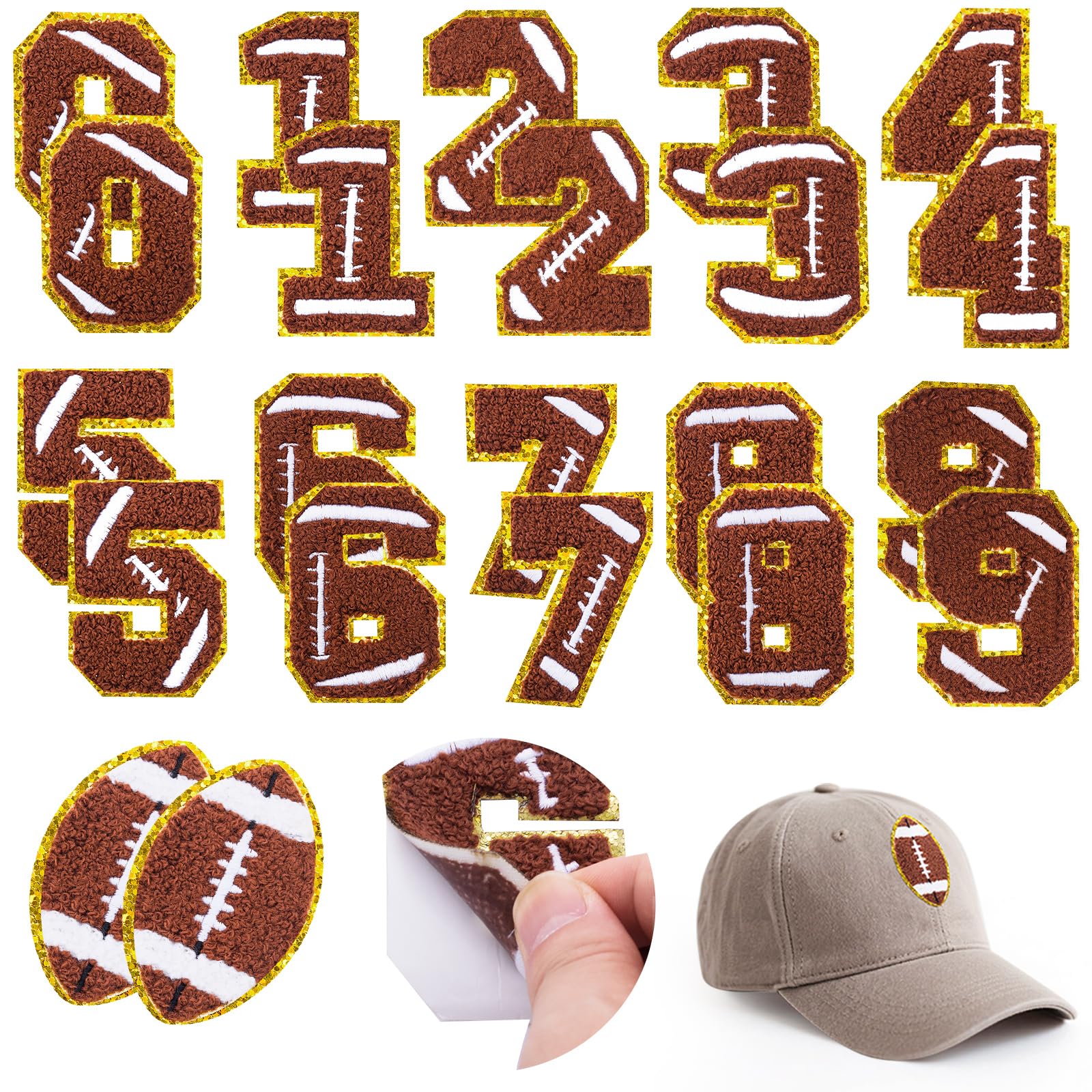Photo 1 of 22 Pcs Football Number Patches Chenille Self Adhesive Game Day Football Patch Embroidered,Include 20 Number Patch 0-9 Applique,2 Football Sew on Repair Patch Stickers for Backpacks Hats Bowl Party