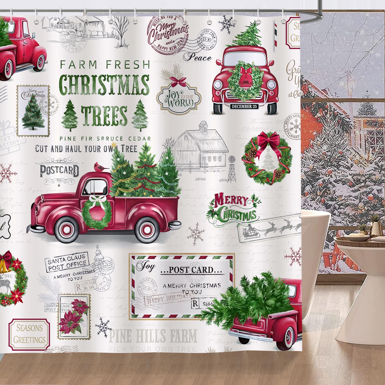 Bonhause Red Truck Christmas Shower Curtain Xmas Tree Christmas Wreath Vintage Bathroom Curtain 180 x 180 cm Waterproof Mildew & Mould Resistant Polyester Fabric Bath Curtain with 12 Hooks