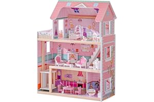 ROBUD Wooden Dollhouse, Doll House Playset with 24-pcs Exquisite Accessories, Working Elevator, Gift for Ages 3+