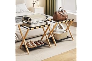 oakvivo Fully Assembled Luggage Racks Pack of 2, Bamboo Natural Foldable Luggage Rack for Guest Room, Suitcase Stand with Fabric Storage Shelf for Hotel, 5 Nylon Straps, 26.77" W x 16.93" D x 22.5" H