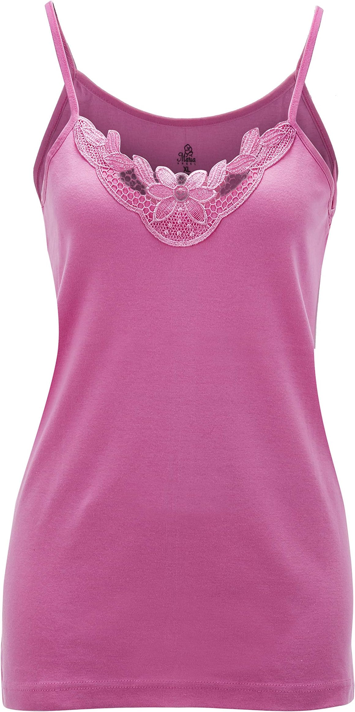 Maria AngelLadies Plain Camisole Cotton Vest Top Lace Trim Neck Design Cami Tank Strappy (1000)