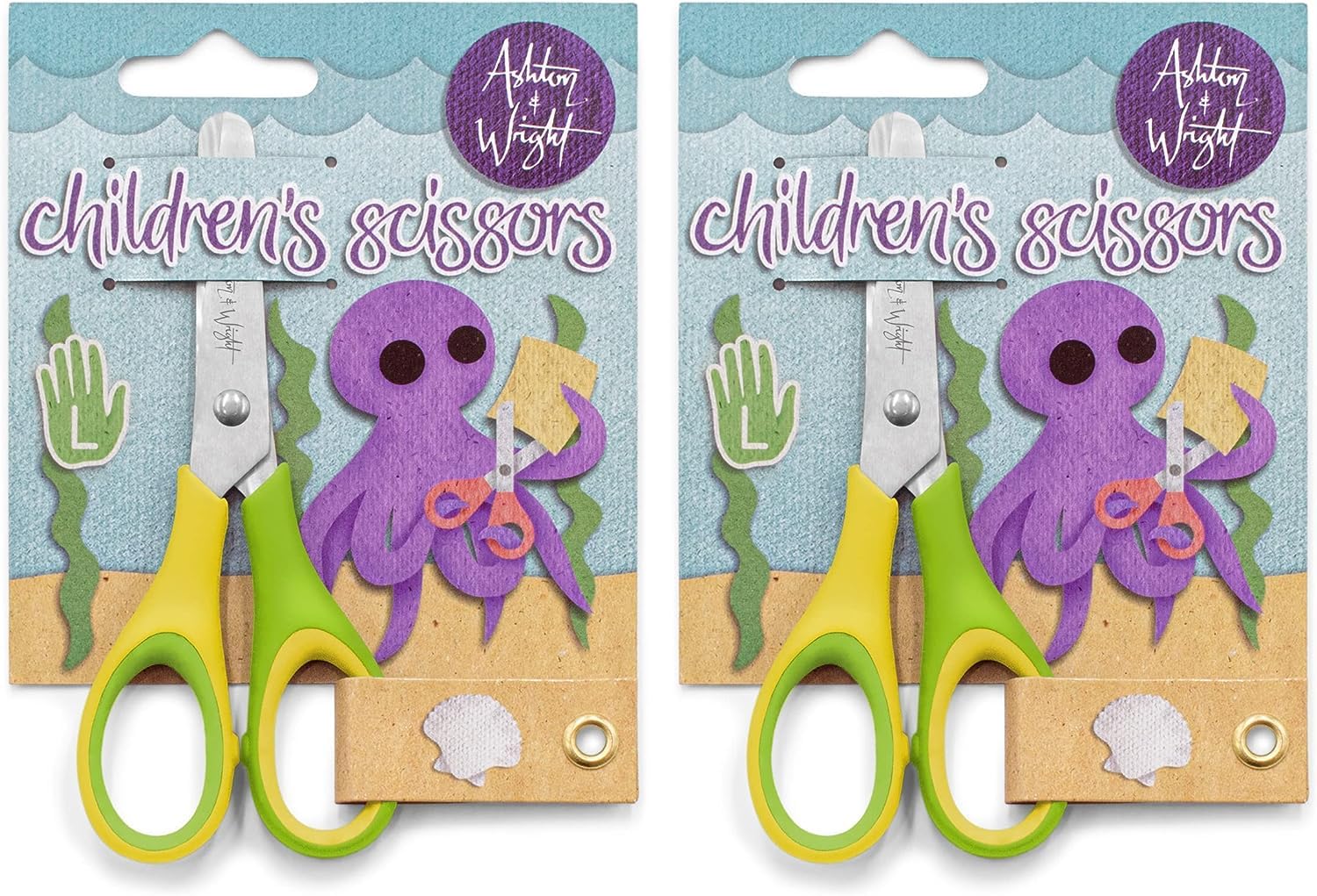 Ashton and Wright - Children's Kids Scissors 5"/12cm - Soft Grip - Green and Yellow - Left Handed - Multipack of 12