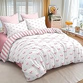 Sedefen Pink Bow Comforter Set Twin Size Cartoon Heart Striped Bedding Set Girls Kawaii Bowknot Love Pattern Soft Microfiber Comforter 2 Pieces with 1 Pillowcase