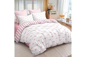 Sedefen Bow Duvet Cover Queen Size Pink Striped Heart Bedding Set Cute Love Heart Printed On White Comforter Cover with Zipper Closure Soft Breathable Microfiber for Kids Girls