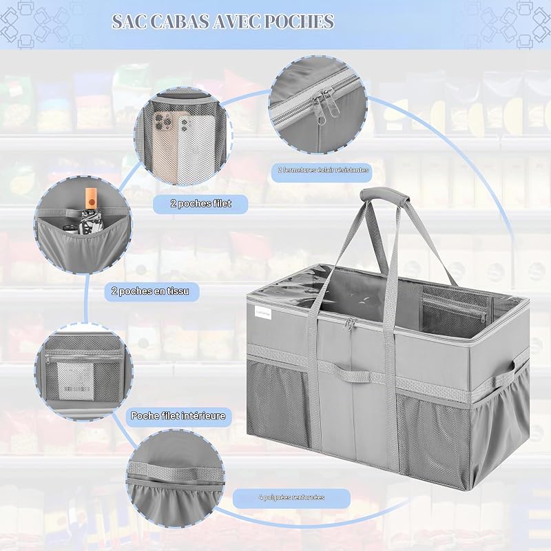 Lot de 2 Grands Cabas Réutilisables Extra-Larges - Sacs de Courses Solides et Résistants avec Poches et Poignées - Sacs Pliables pour Provisions - Cabas Escamotables avec Couvercles — photo 6 sur 7
