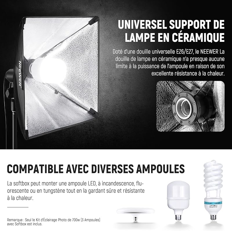 700W Kit d'éclairage équivalent, 3 Ampoules LED 5700K, 24x24 inches Softboxes avec Douille E26, Kit d'éclairage Continu pour la Photographie, équipement de Studio Photo