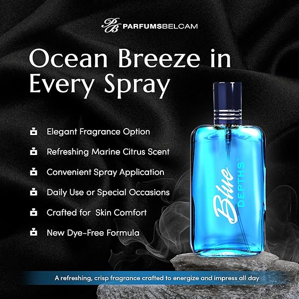 PB PARFUMSBELCAM BLUE DEPTHS EAU DE TOILETTE FRAGRANCE SPRAY – 3.4 FL OZ. FRESH AQUATIC COLOGNE FOR MEN WITH CRISP CITRUS, WARM MUSK & AMBER SCENT, CRAFTED WITH PREMIUM OILS FOR DAY & NIGHT USE
