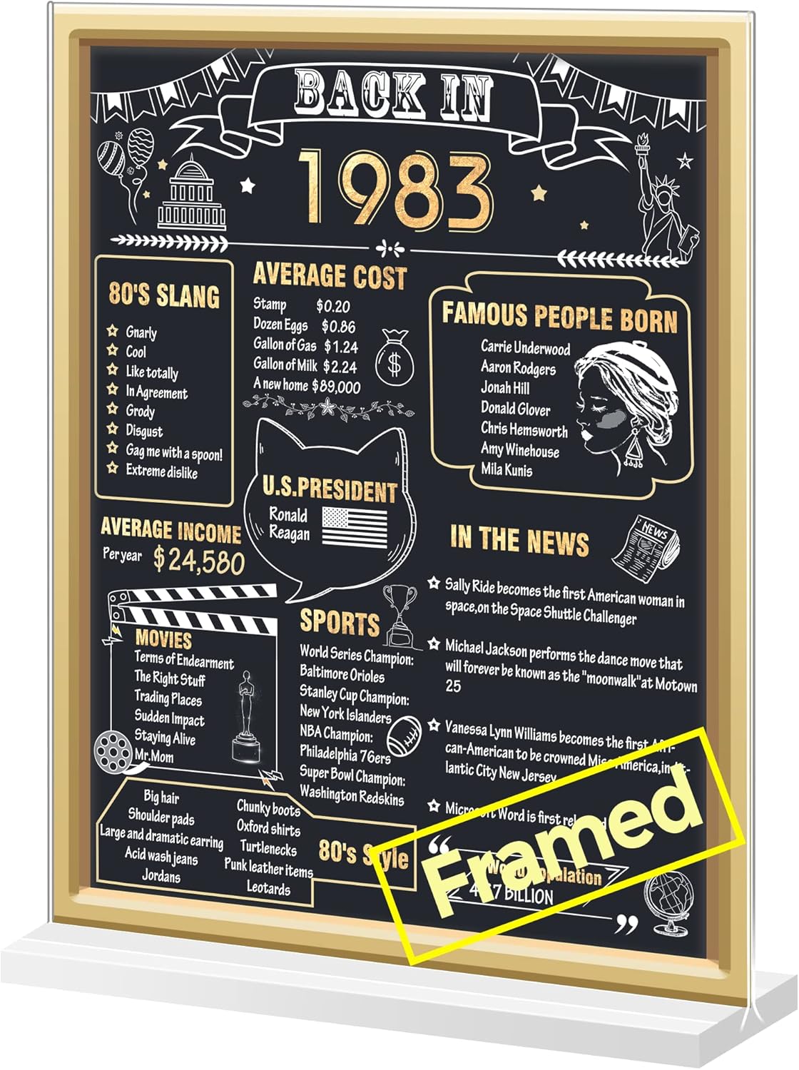 Wall Décor - Yoniko 40th Birthday Table Decorations for Men & Women, DOUBLE-SIDED Back in 1983 Poster Acrylic Table Sign with Stand, 40th Birthday Gifts Party Supplies 1983 Display Holder Table Centerpieces, Gold