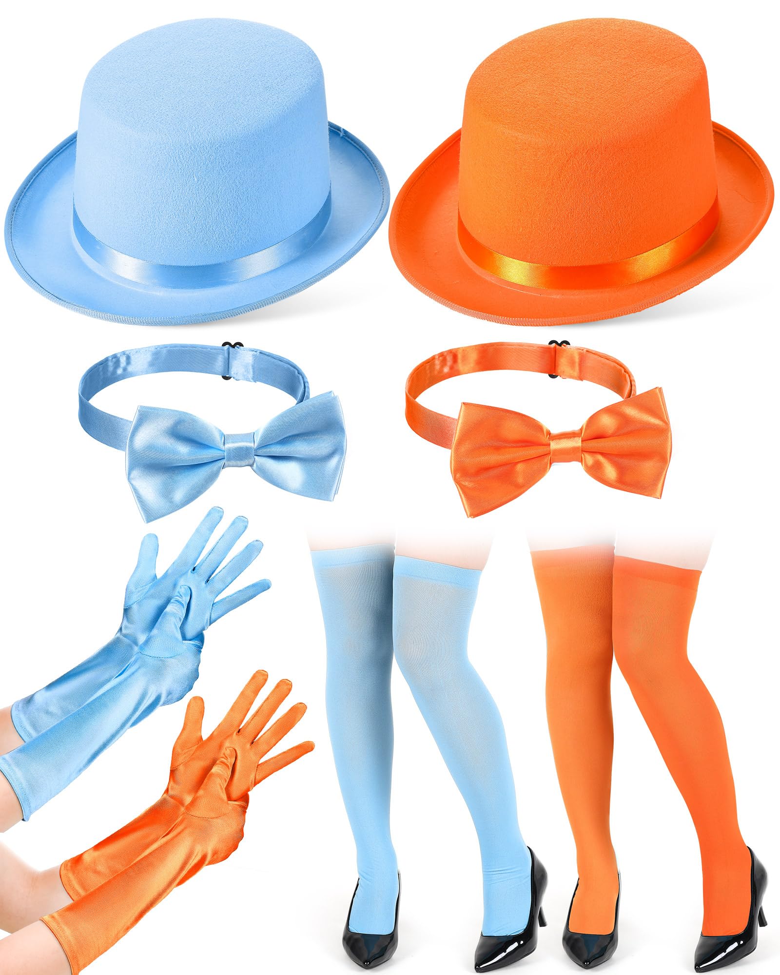 Photo 1 of Xaatren 8 Pcs Women Orange and Blue Top Hat Costume Include 2 Pcs 5.12 Inch Tall Hat with 2 Pcs Bow Tie with 2 Pcs Long Glove with 2 Pcs Over the Knee Stockings Halloween Costume Set for Cosplay