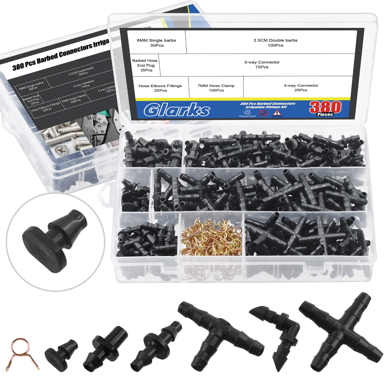 Glarks 380Pcs Barbed Connectors Irrigation Fittings and 7mm Spring Clips Kit for 1/4 Inch Water Hose Connectors, Including Barbs, Tees, Elbows, End Plug, 4-Way Coupling, 3-Way Coupling