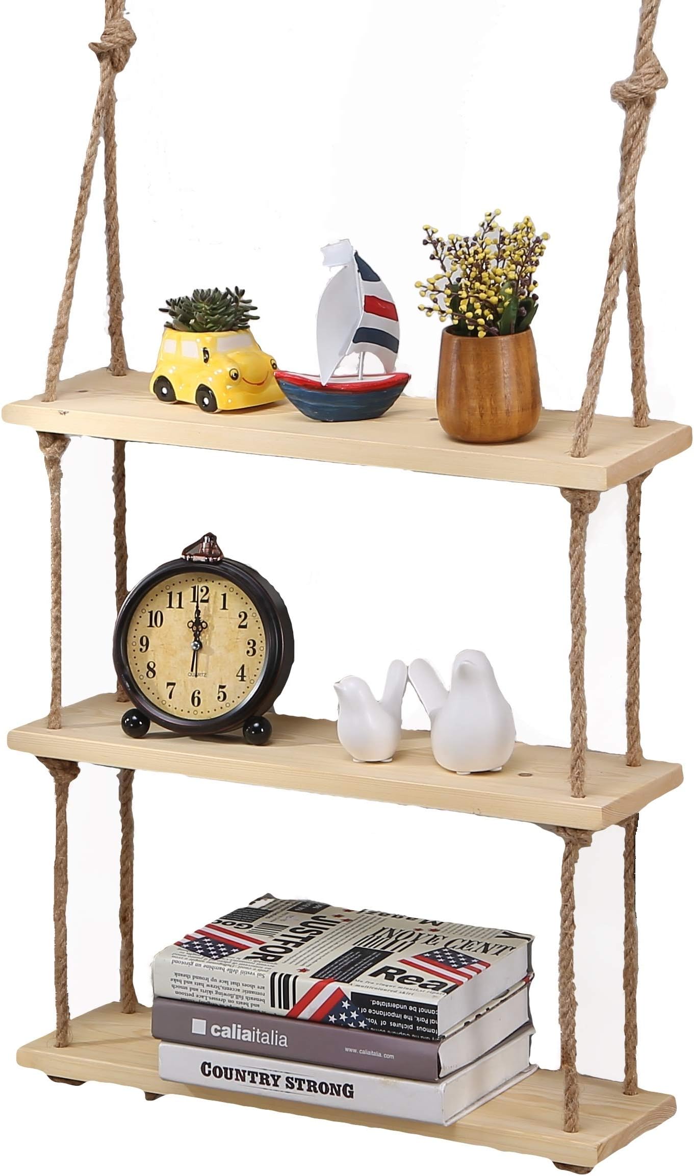 Easy Chic Solid Wood Chunky Wall Shelf Storage Floating Wall Shelf Rustic Vintage Wooden Rope Shelf