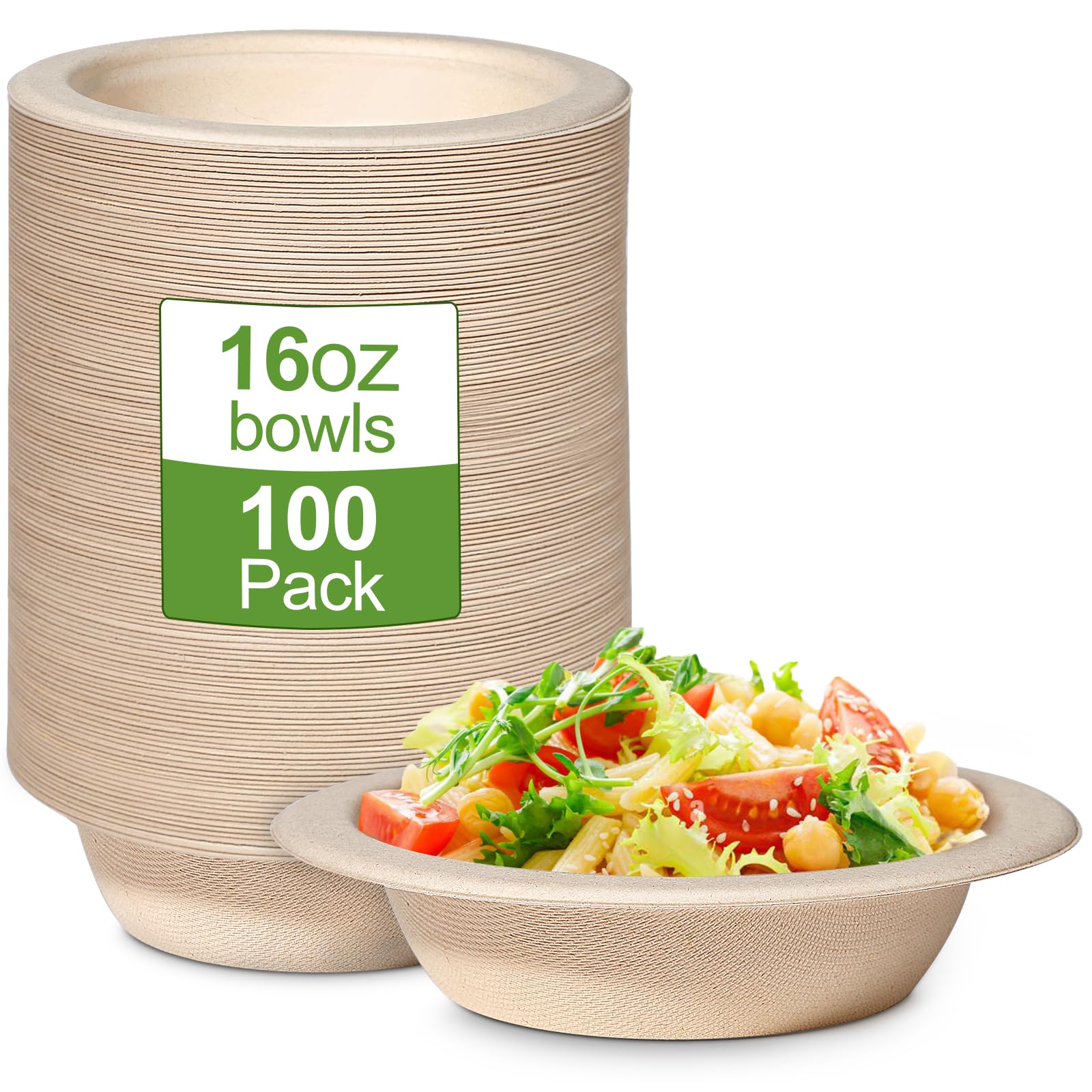 GREENESAGE 100 Pack 16oz Disposable Bowls Paper Bowls Eco-Friendly, Sugarcane Strong Brown 470ML Bowls Biodegradable Soup Dishes for Parties BBQ Christmas