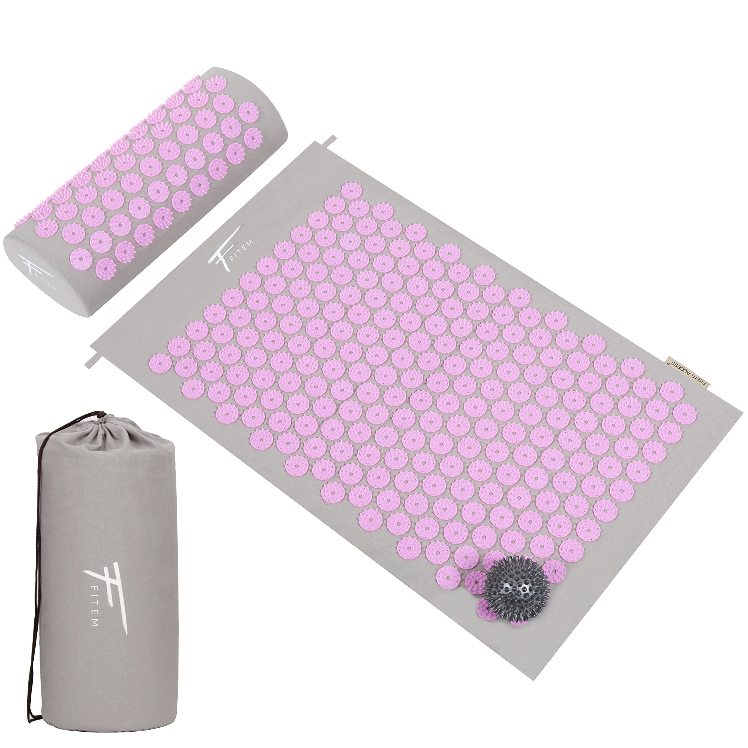 Fitem Acupressure Kit - Acupressure Mat - Cushion - Bag - Massage Ball - Relieves Back and Neck Pain - Muscle Relaxation - Acupuncture - Post-Sport Recovery - Anti-Stress (Gray-Violet)