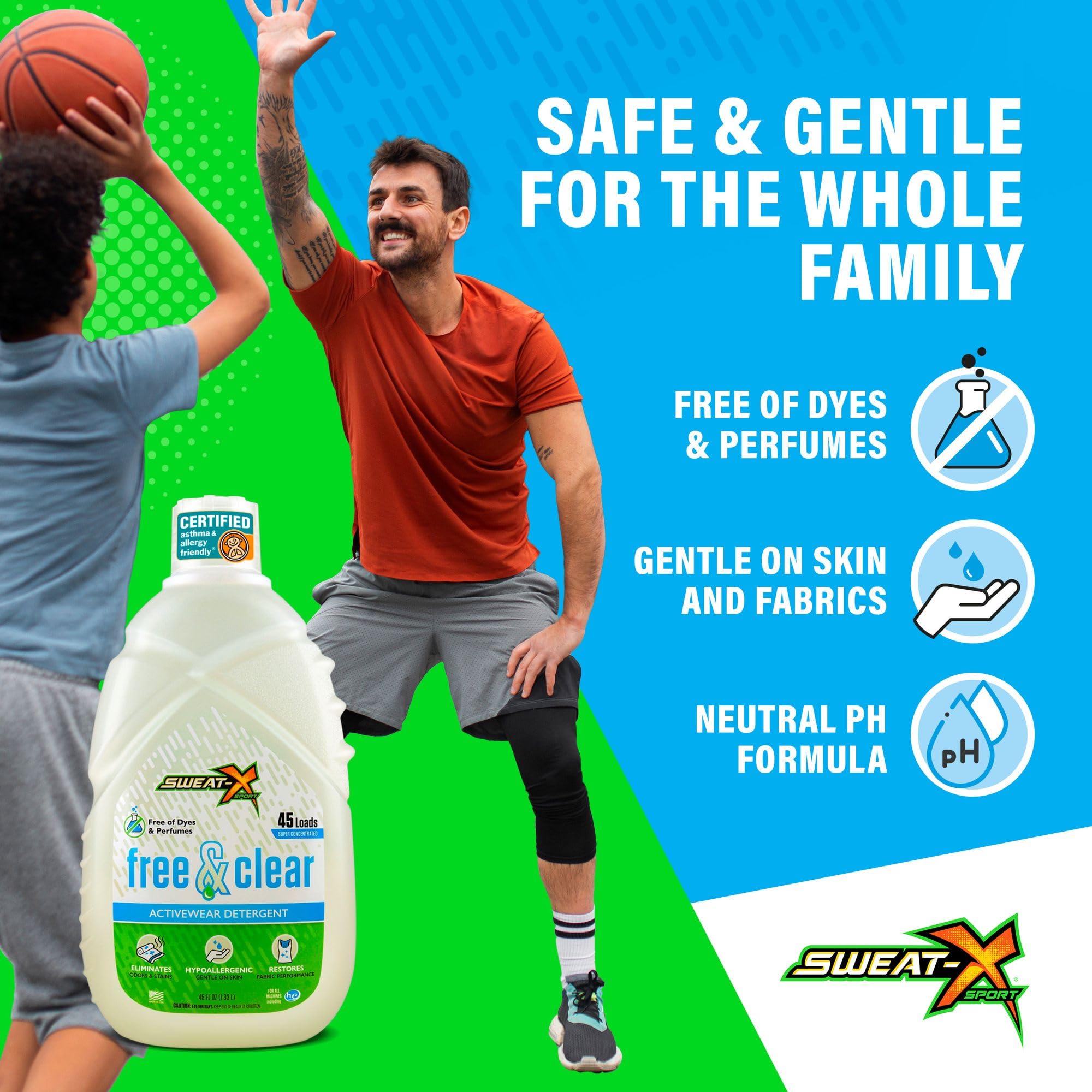 Sweat X Free & Clear Activewear Laundry Detergent – Certified Asthma & Allergy Friendly® – Hypoallergenic – Remove the Worst Odors & Toughest Stains – High-Performance Sports Wash – 45 Loads – 1 Pack