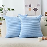 Home Brilliant Decor Super Soft Plush Corduroy Striped Throw Pillows Set of 2 Cushion Covers for Sofa Couch Bed, 50x50 cm, 20 x 20 Inch, Baby Boy Blue