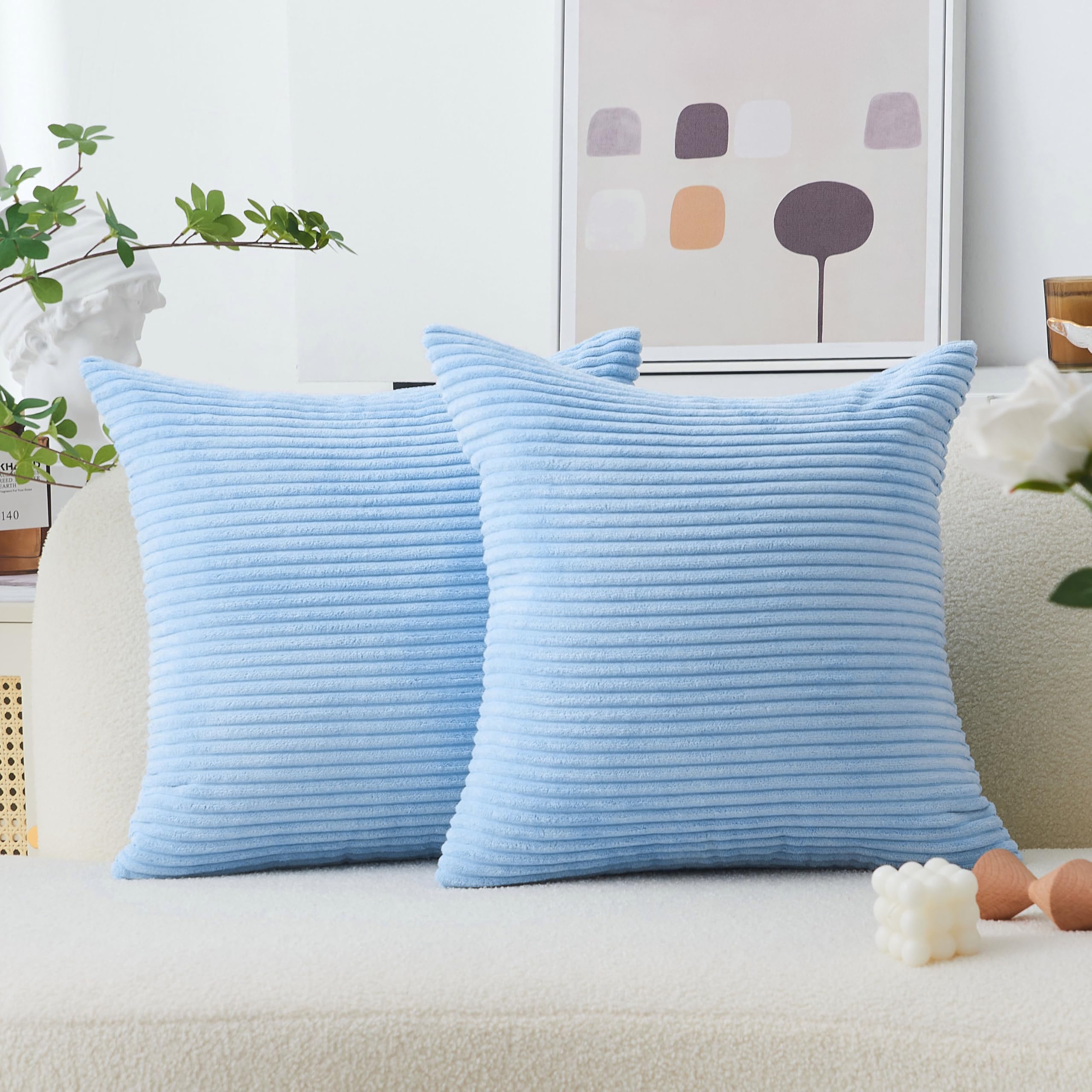 Home Brilliant Blue Cushion Cover Solid Striped Velvet Cushion Covers Decorative Throw Pillows with Zipper, 2 Pieces, Light Blue, 45 x 45 cm, 18inch — image 1