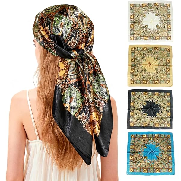 Silk Head Scarf for Women Men Vintage Printed Satin Hair Scarf