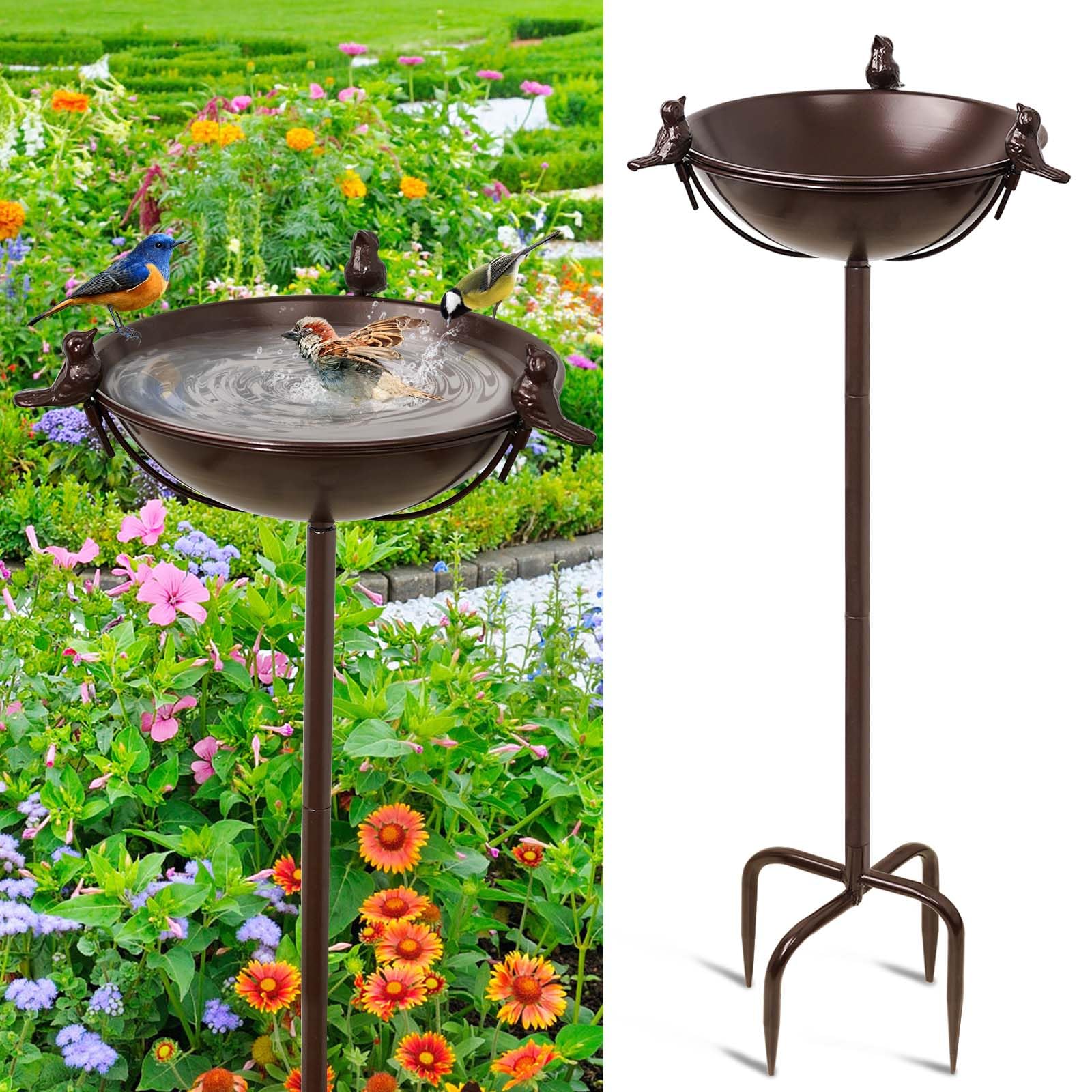 FaloStwer Freestanding Birdbaths Bowl Outdoor, Free Standing Garden Bird Bath Feeder Bowl with 3 Bird Statues, Birdbath & Birdfeeder with Metal Stake Garden Yard Lawn Decor (Brown)