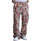 GORGLITTER Men's Patchwork Flared Pants Graphic Distressed Stacked Drawstring Waist Y2K Sweatpants Pants