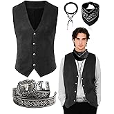 PARTTELY Western Cowboy Outfit for Men Faux Suede Vest Western Belt Necktie and Bandana for Halloween Costume Party