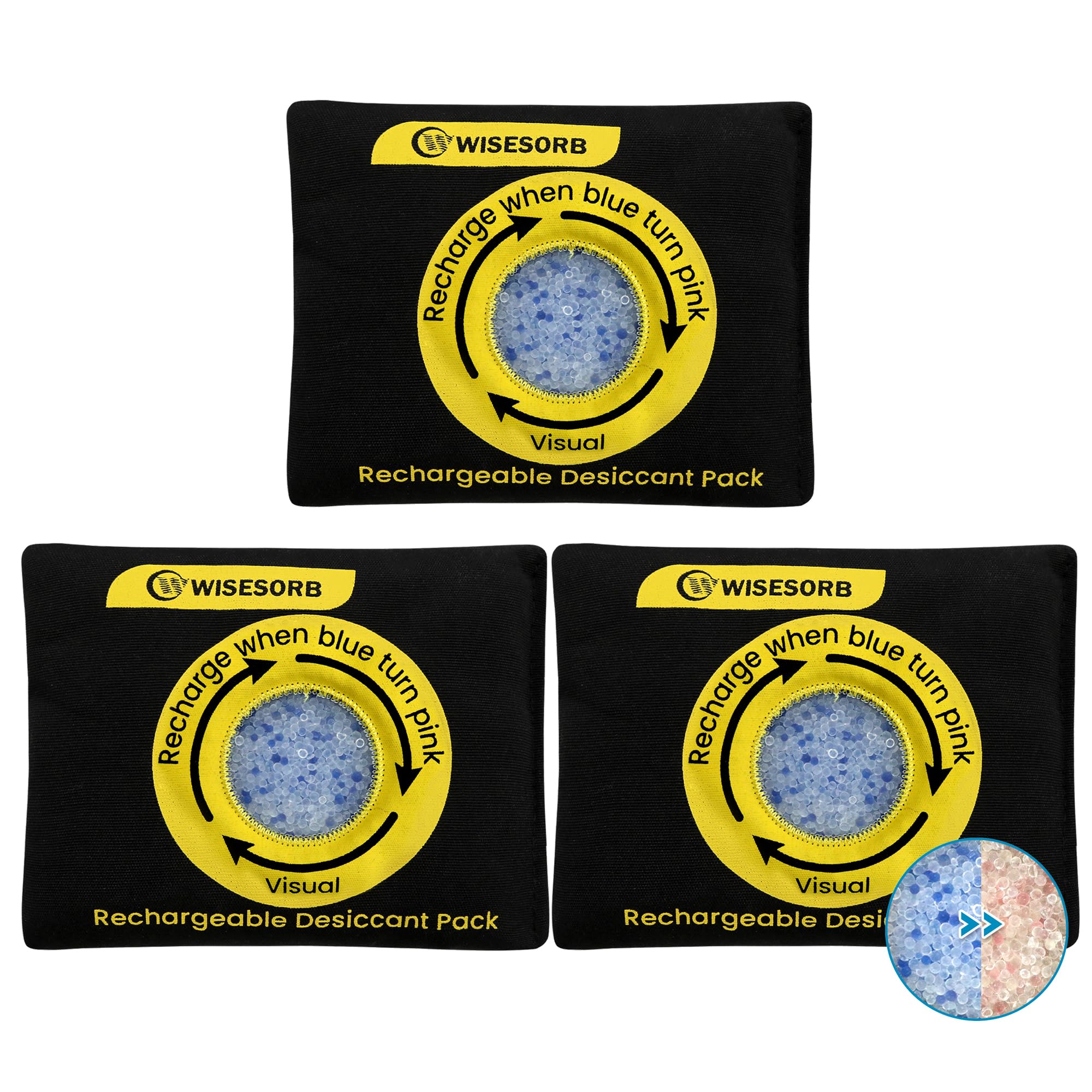 Photo 1 of Wisesorb 200g Reusable Silica Gel Desiccant, Color Indicating Rechargeable Desiccant Packs for Storage, Moisture Absorbers for Storage, Gun Safes, Suitcases, 3D Filaments, Electronics, Car[3 Pack]