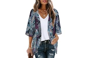 Womens Floral Kimono Cardigan Chiffon Beach Coverups Sheer Swimsuit Cover Up Casual Summer Tops
