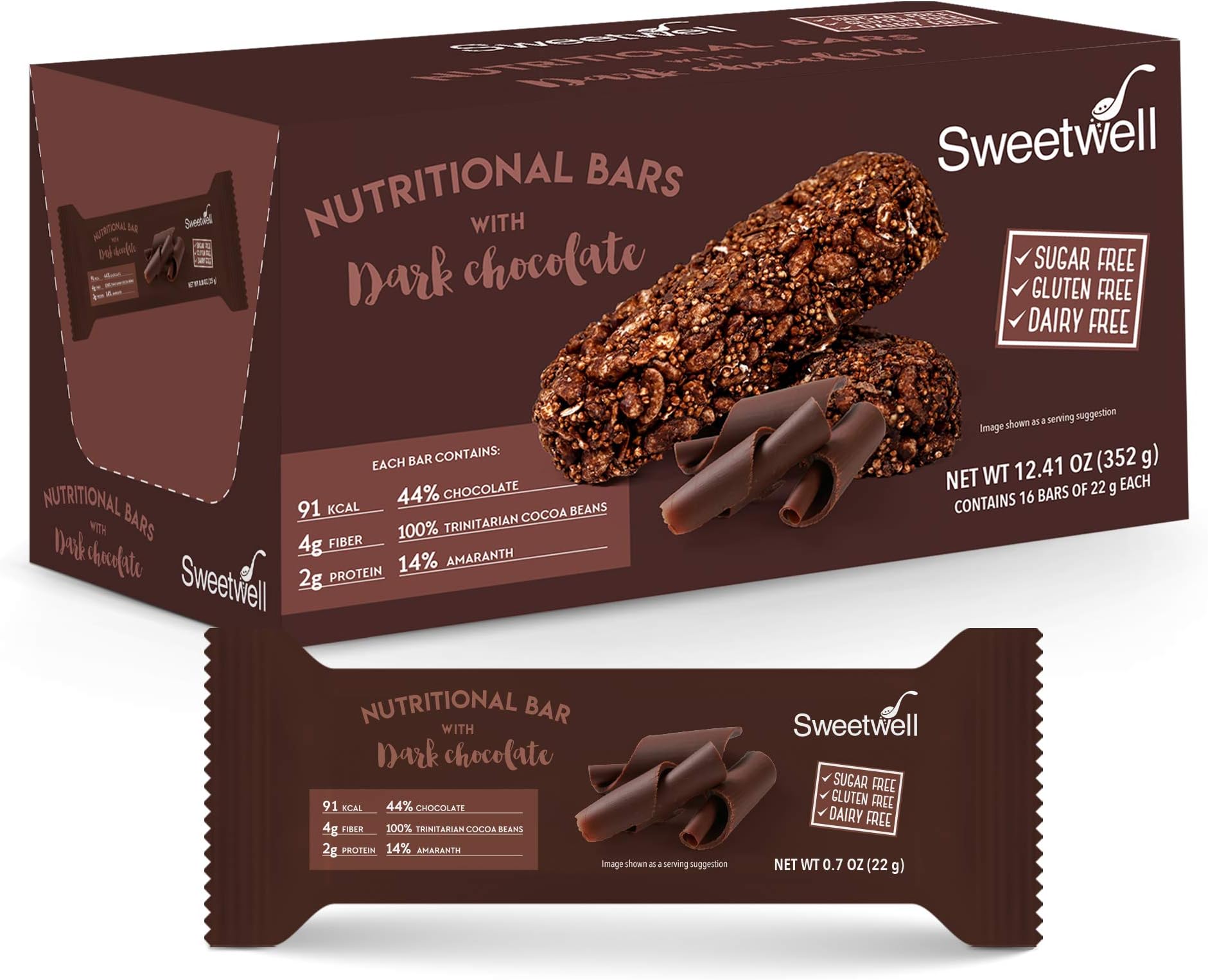 Sweetwell - Healthy Grains and Chocolate Bars - Superior Taste - Sugar Free - Gluten Free - Dairy Free - Dark Chocolate - With Amaranth - 0.88 oz - Pack of 16
