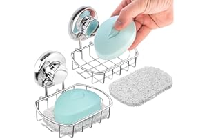 HASKO ACCESSORIES HASKO 2-Pack Suction Cup Soap Holder – Bar Soap Dish for Shower with Hooks for Bathroom – Optional Mounting with Adhesive Tape or Glue – Includes 2 Soap Savers – Polished Stainless Steel SS304