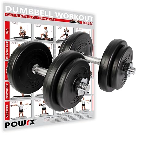 POWRX Kurzhanteln 2er Set Kunststoff 20kg / 30kg / 40kg – Hantelstangen, Gewichte und Sternverschlüsse gerändelt 30/31mm