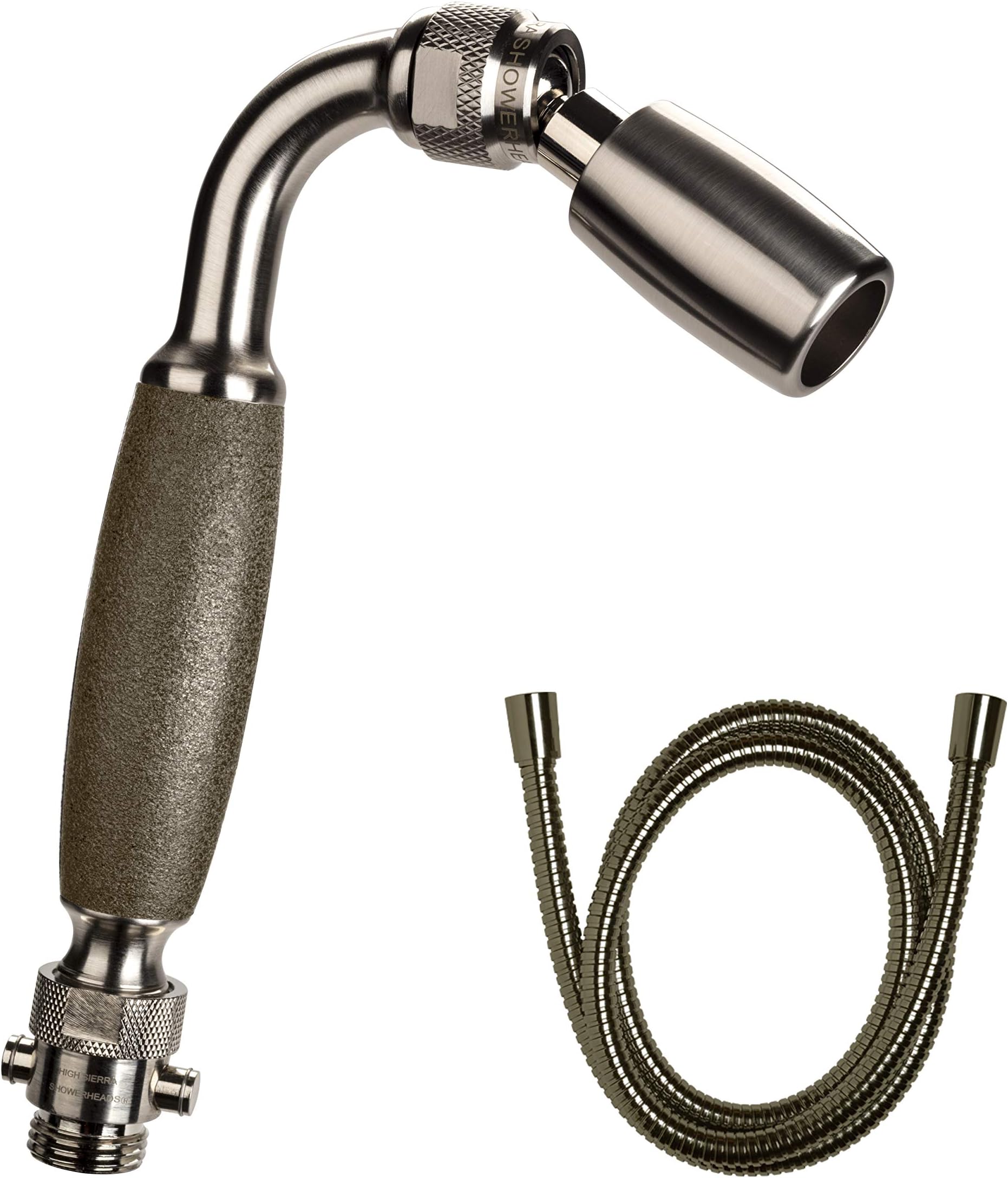 High Sierra's Solid Metal Handheld Shower Head with Slip-Free Grip, Trickle Valve and 72-Inch Metal Hose with Silicone Inner Tube - Low Flow 1.5 GPM - Brushed Nickel Finish