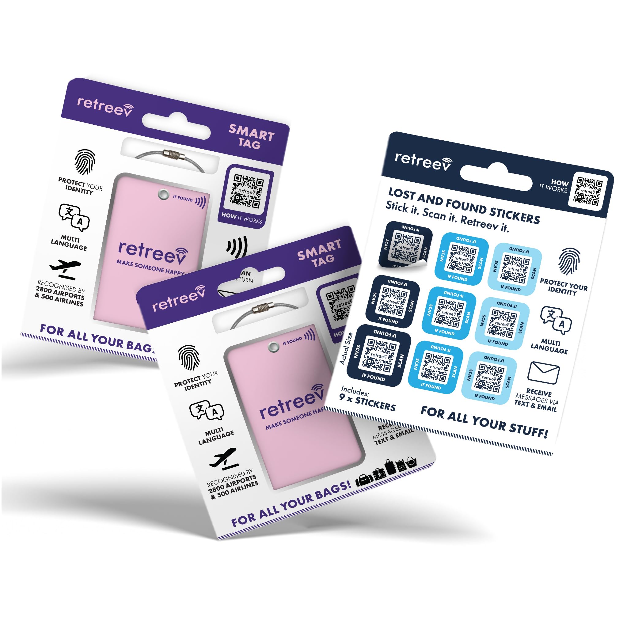 2 x retreev™ Smart Luggage Tags and 9 x Smart Stickers: Secure Retrieval, Identity Protection | Easy Setup | Supported by Airlines & Airports Worldwide - 2 x Tags and Stickers Combo Pack - Pink