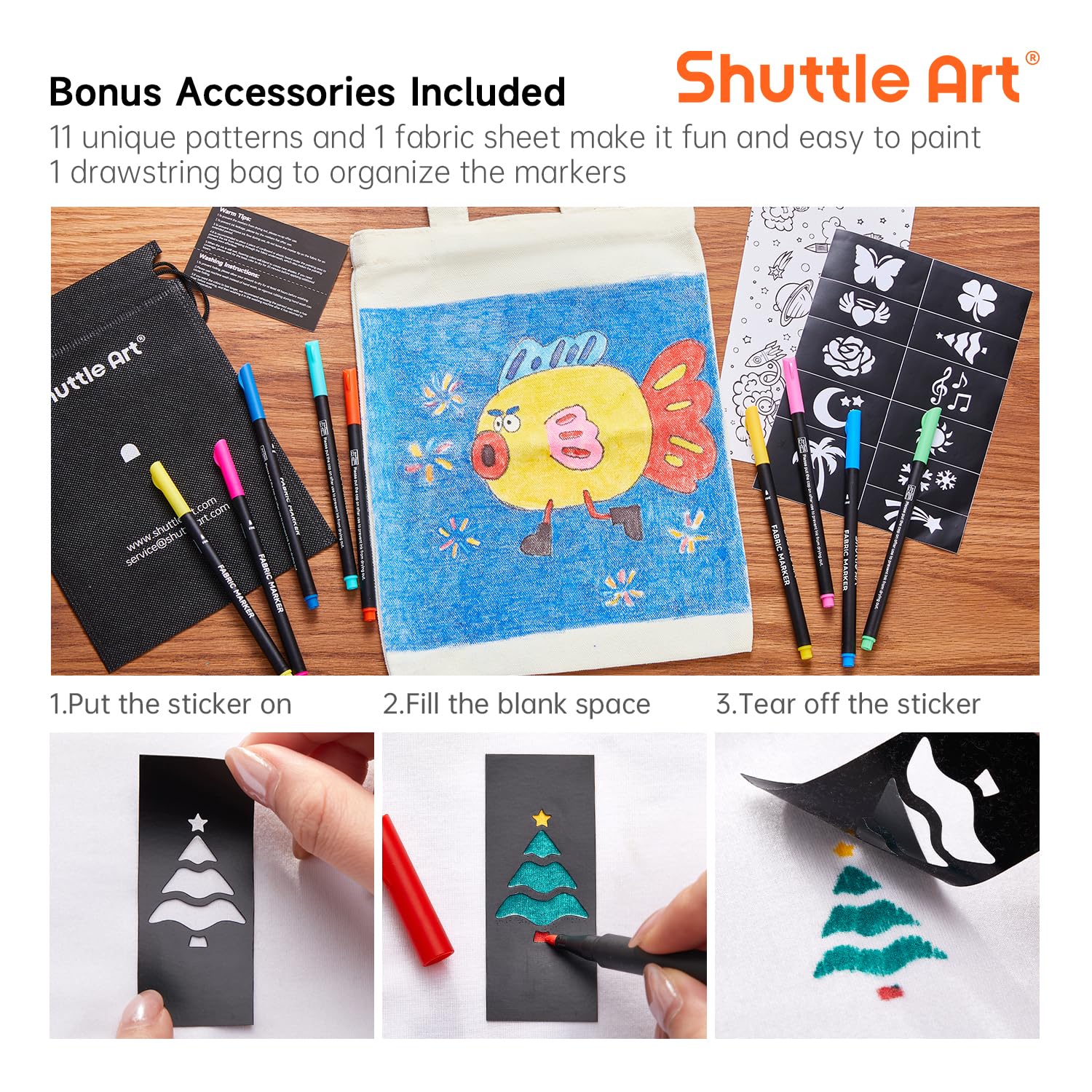 Shuttle Art 36 Colors Fabric Markers, Permanent Shirt Markers for Clothes Sneakers Jeans with 11 Stencils 1 Fabric Sheet, Fabric Pens for Kids Adult Painting Writing