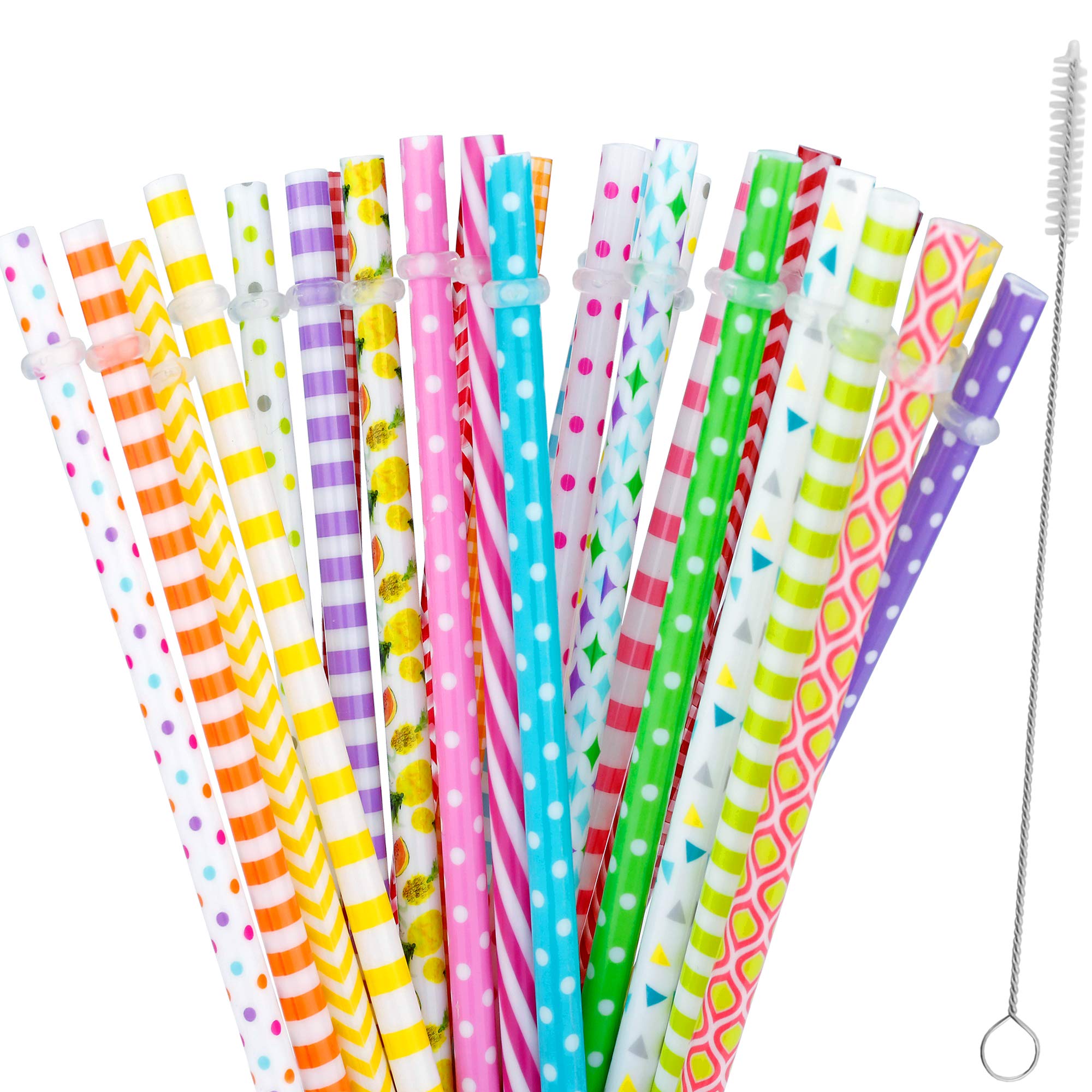 30 Pieces Reusable Plastic Straws BPA-Free 9" Colorful Printing Hard Platic Stripe Drinking Straw for Mason Jar Tumbler Family or Party Use Cleaning Brush Included(Random Pattern)