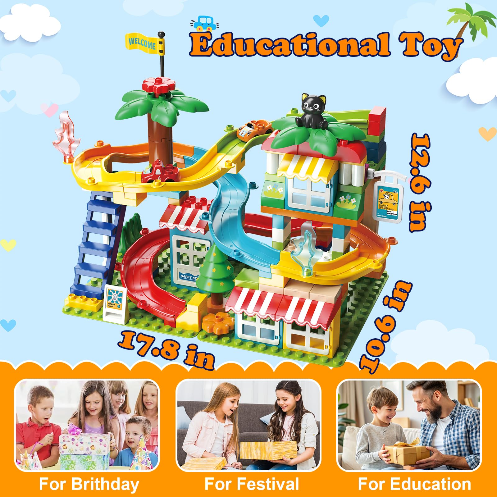 Marble Run Building Blocks,Classic Large Blocks Maze Track Sets with 4 Cars,STEM Toy Bricks Maze Puzzle Set Race Track Compatible with Major Brands for Age 3 4 5 6 7 8+ Boys Girls Gift