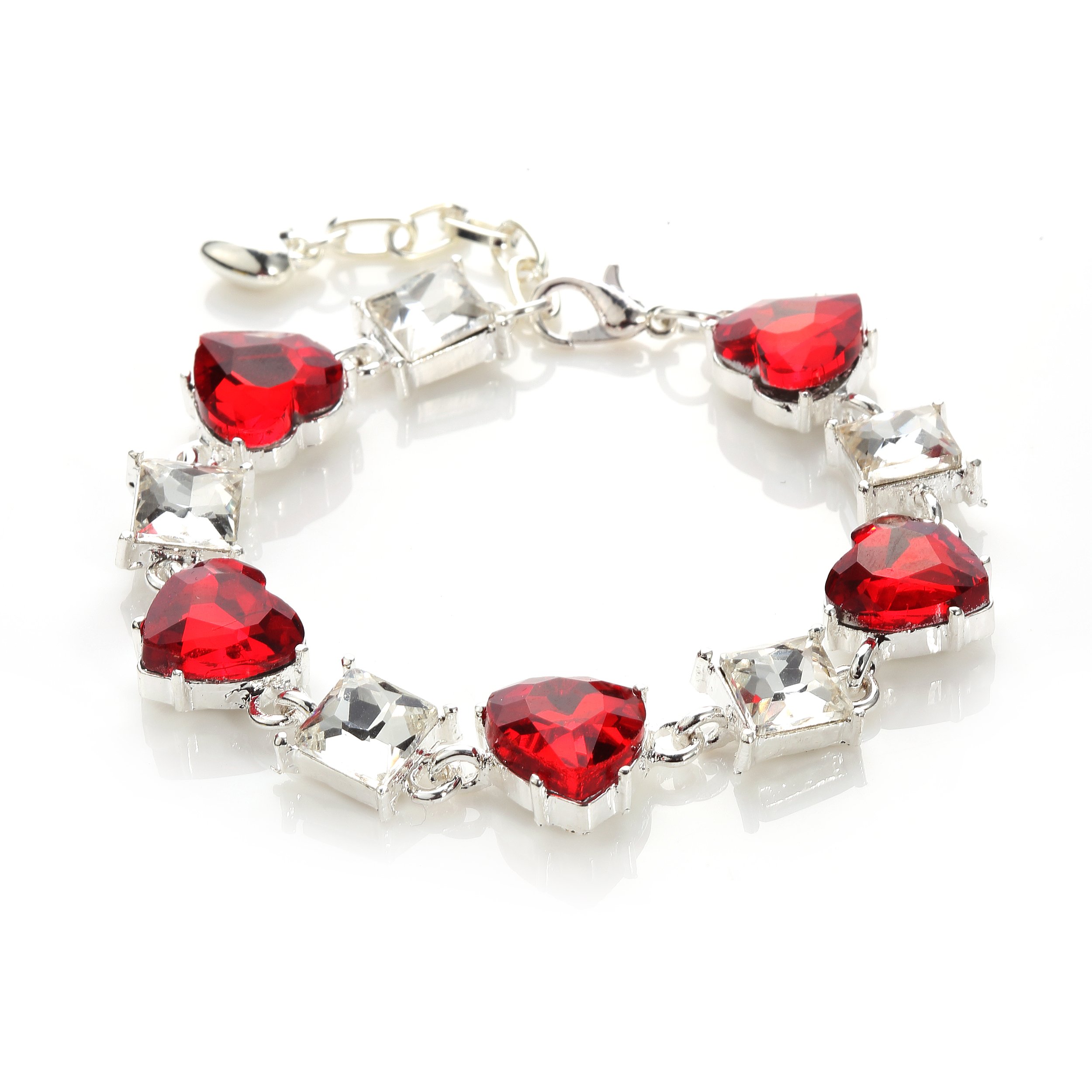 NOVADAB Red Heart Gem Tennis Bracelet, Silver Plated Red and White Stone Studded Perfect Fit Bracelet – 6.5”