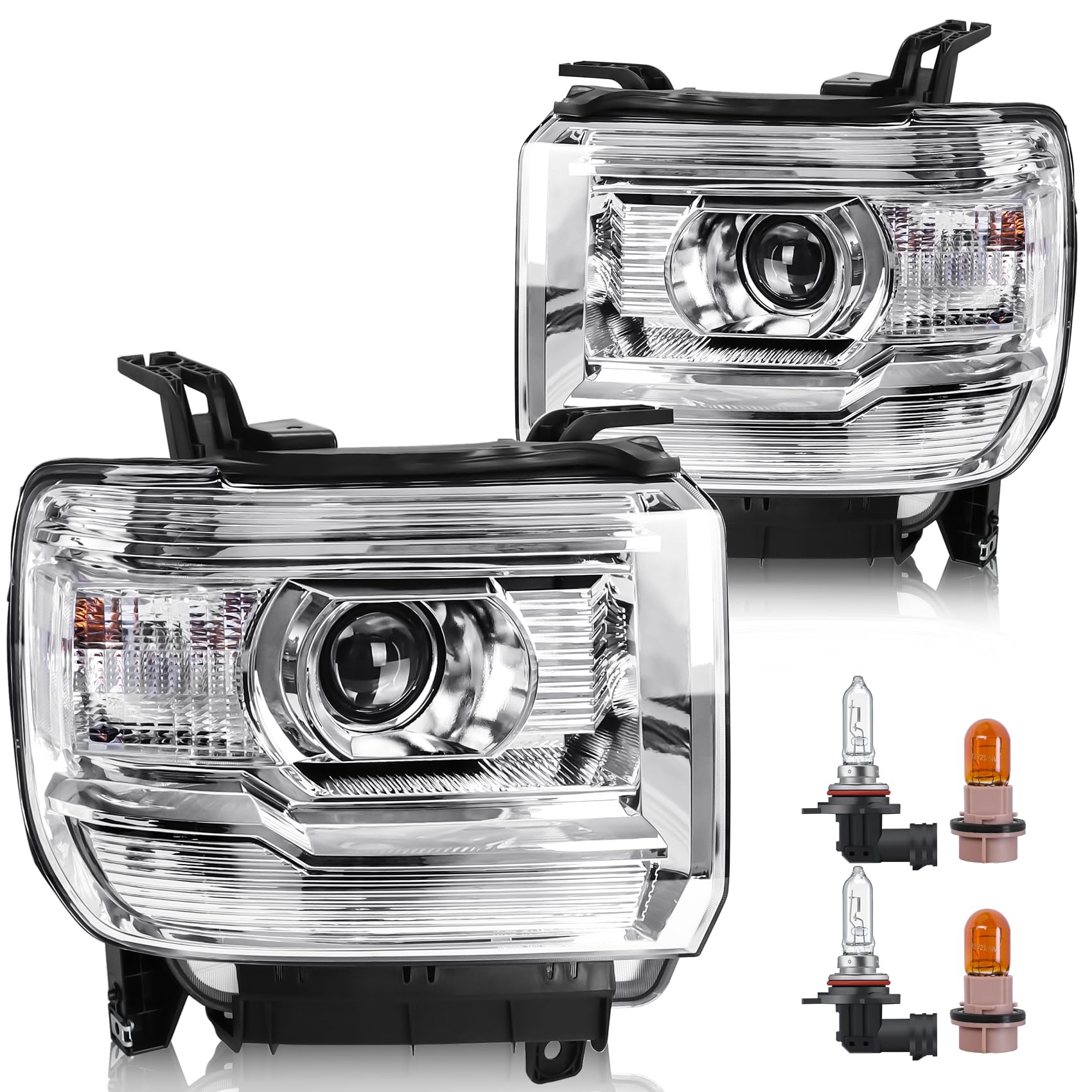 Photo 1 of Headlight Assembly Compatible with GMC Sierra 2014-2018 1500 | 2015-2019 2500HD/3500HD Base/Denali/SLE/SLT, Halogen Headlamp Replacement W/O LED DRL, With Bulbs, Chrome Housing White Reflector