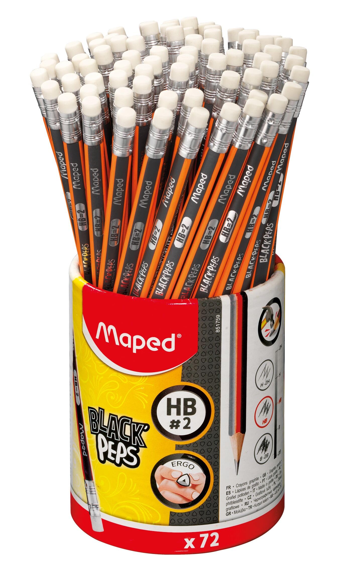 Maped Peps Graphite HB Pencil with Eraser End (Pot of 72) - Black