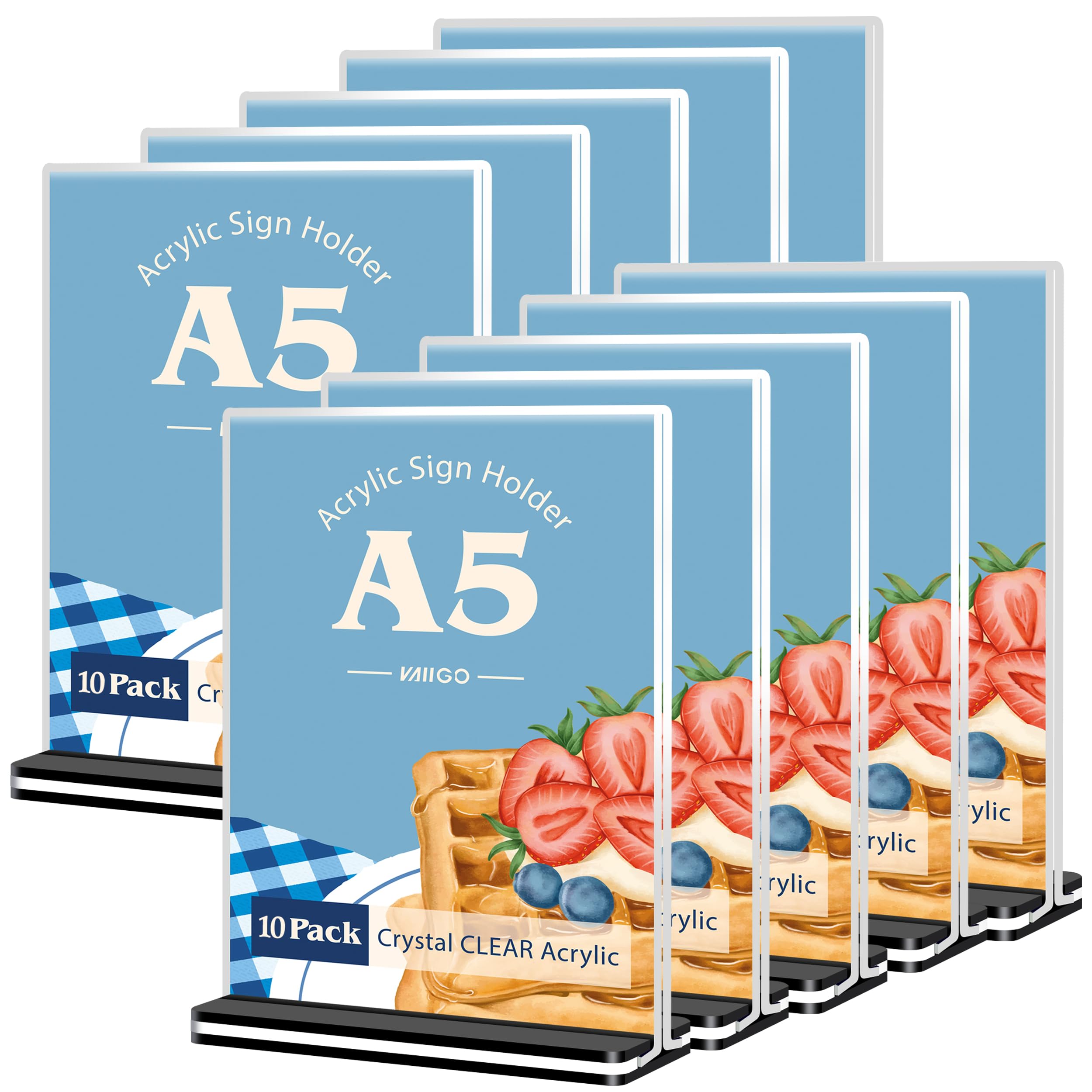 VAIIGO 10 Packs A5 Acrylic Sign Holder, Poster Menu Holder, Double Sided Perspex Display Stand for Restaurant, Bar, Hotel, Office, Store, Counter Leaflet Sign Holder, Black Base