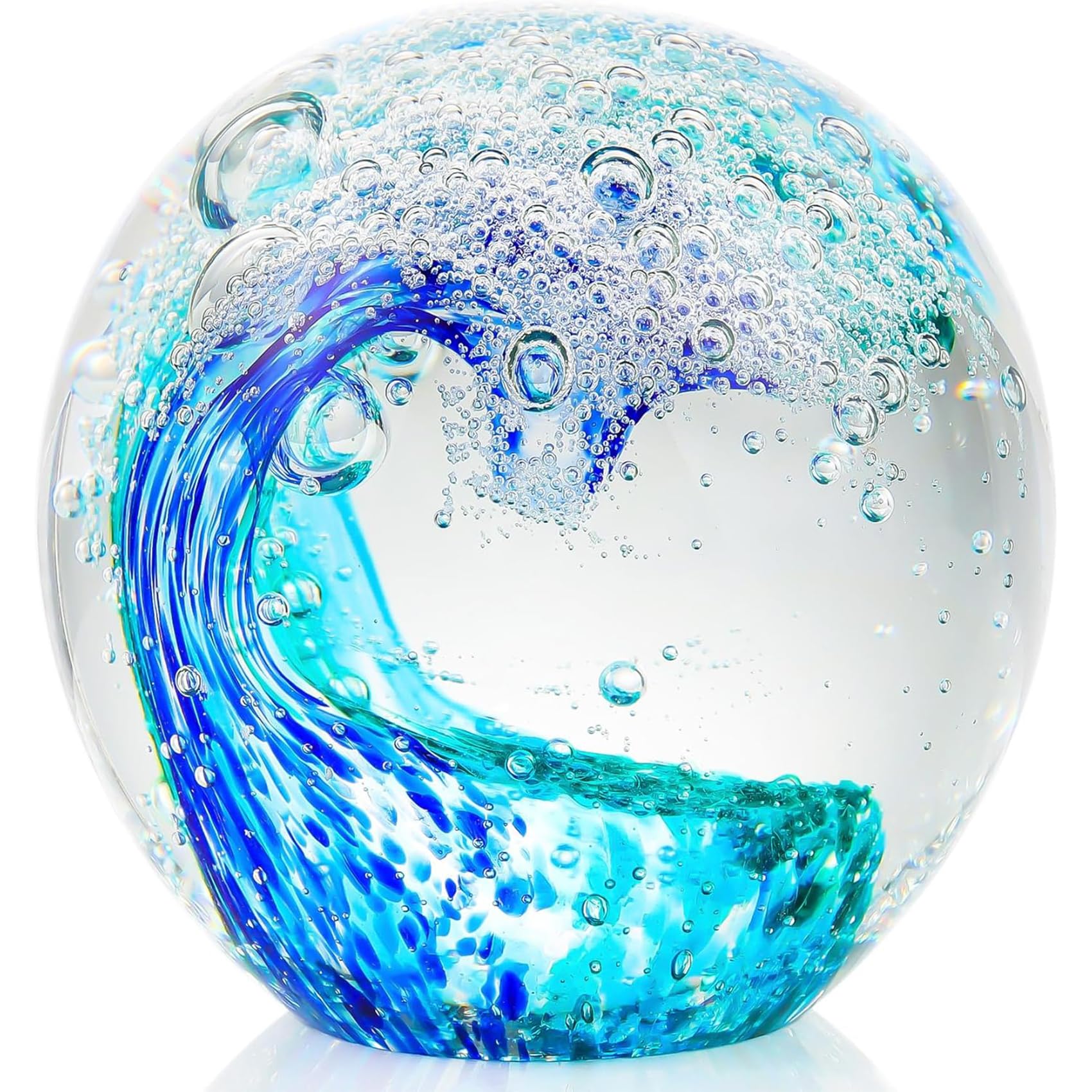Hand Blown 3.1" Crystal Waves Ball Sea Glass Art Gifts for Women Men Ocean Figurines Decor Paperweight Coastal Decor for Home Aquarium Sphere Ornaments (Blue)