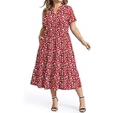 IN'VOLAND Women Plus Size Summer Dresses V Neck Short Sleeve Midi Dress with Pockets Flowy A-line Tiered Beach Sundress 1X-5X