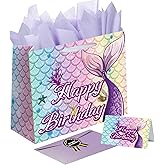 Sumerk 13" Mermaid Birthday Gift Bag with Tissue Papers and Greeting Card, Envelope and Stickers - Pink Purple Gifts Wrapping Bag for Birthday