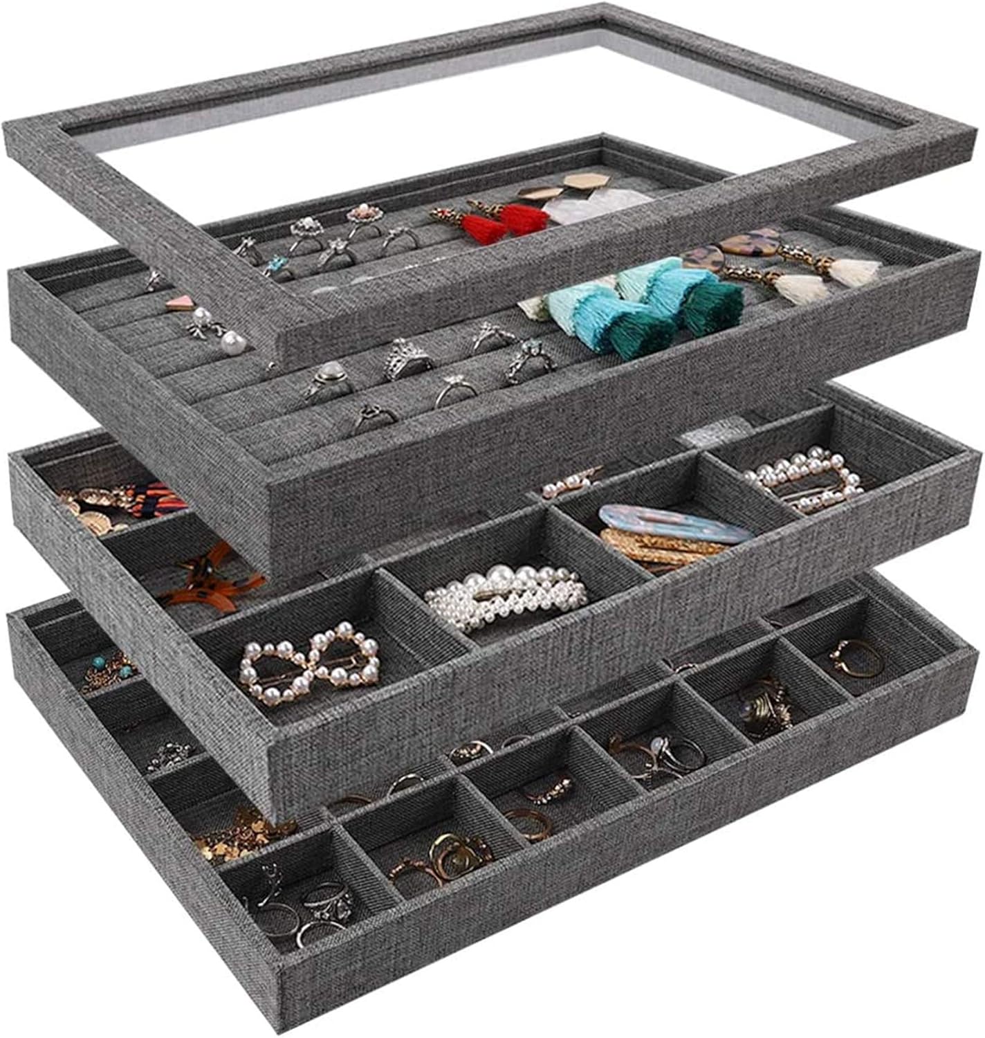 Mebbay Sackcloth Stackable Jewelry Trays Organizer Set with Clear Lid, Jewelry Storage Display Trays for Drawer, Earring Necklace Bracelet Ring Organizer - Set of 4 (Grey-Black): Home & Kitchen